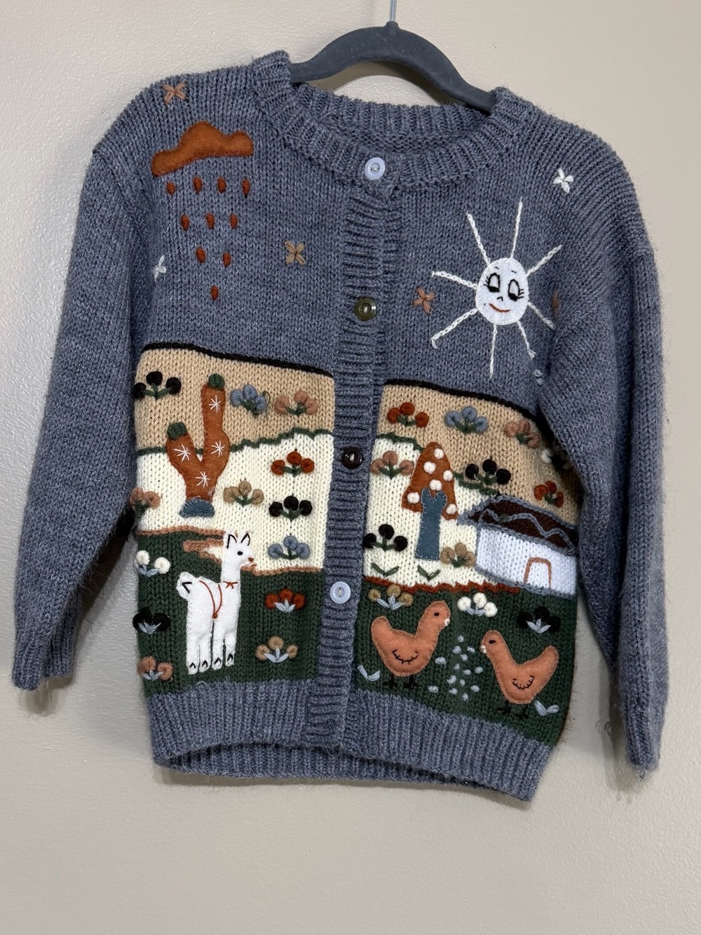 Vintage Handmade Children’s Cottagecore Farm Mushroom Embroidered Cardigan